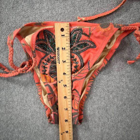 Pin Up Stars Beaded Pineapple String Bikini Womens Large Braided Coral Faux Sued - Picture 6 of 10